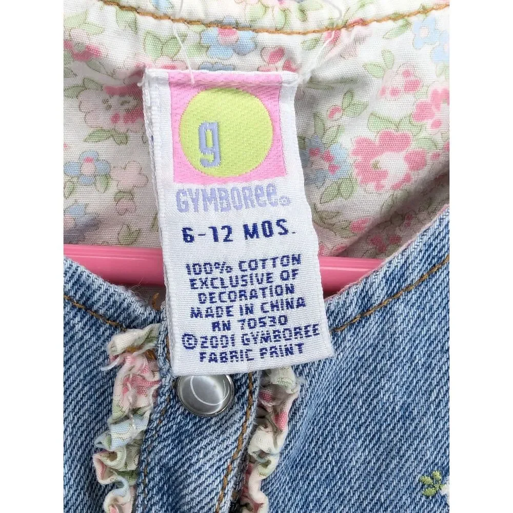 Vintage Y2K 2001 Gymboree Denim Prairie Dress Size 6-12 Mos Floral Embroidery